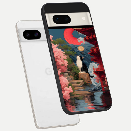  Temple Cat Scenery phone case For Google Pixel 7A showing premium glass back cover with detailed artwork