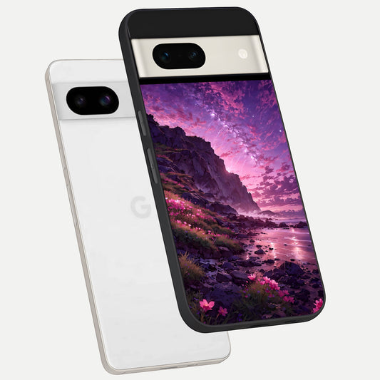  Twilight Blossom Coast phone case For Google Pixel 7A showing premium glass back cover with detailed artwork
