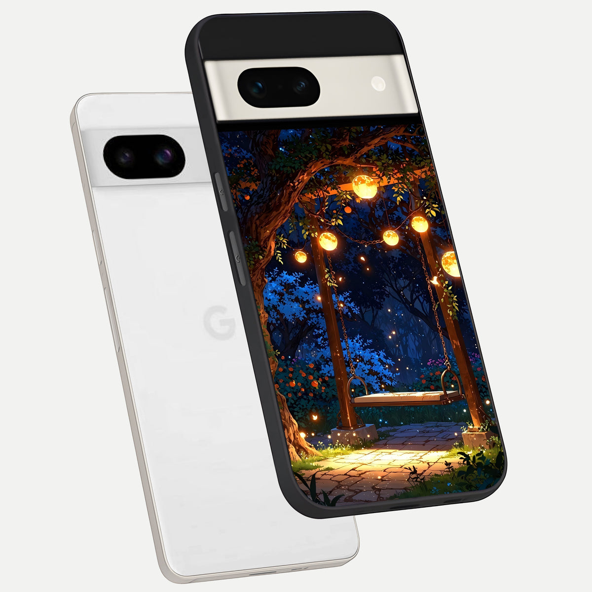  Twilight Garden Swing phone case For Google Pixel 7A showing premium glass back cover with detailed artwork