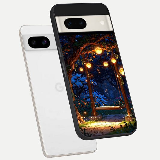  Twilight Garden Swing phone case For Google Pixel 7A showing premium glass back cover with detailed artwork