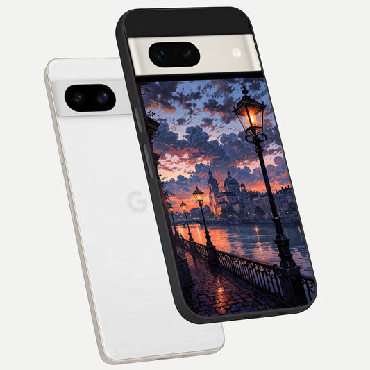  Twilight River Lights phone case For Google Pixel 7A showing premium glass back cover with detailed artwork