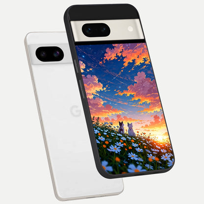  Two Cats Friends phone case For Google Pixel 7A showing premium glass back cover with detailed artwork
