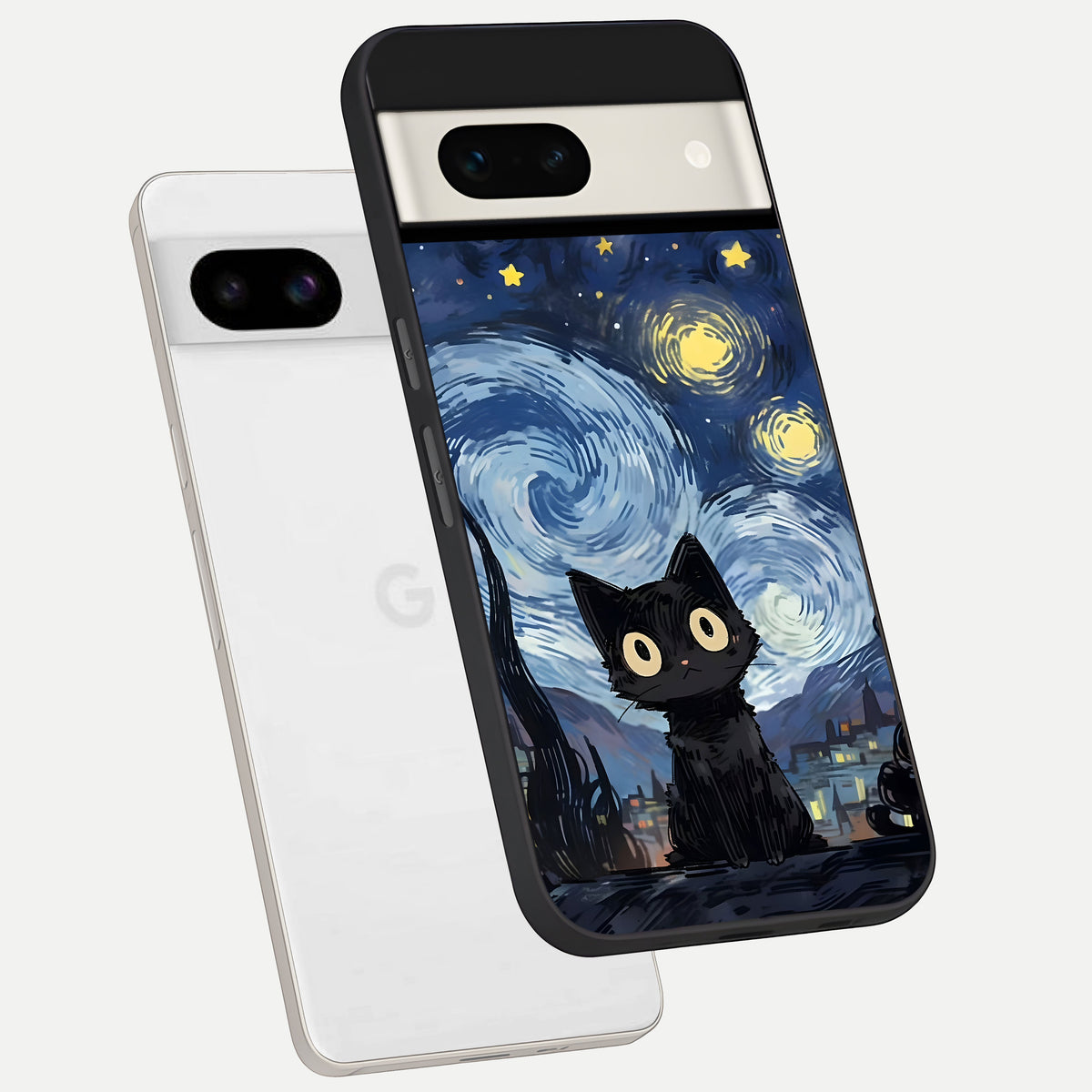  Van Gogh Cat phone case For Google Pixel 7A showing premium glass back cover with detailed artwork