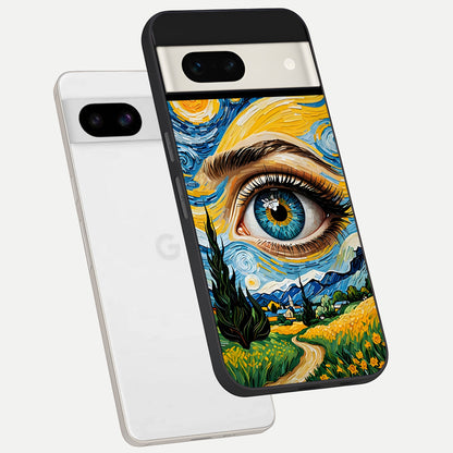  Van Gogh Eye phone case For Google Pixel 7A showing premium glass back cover with detailed artwork