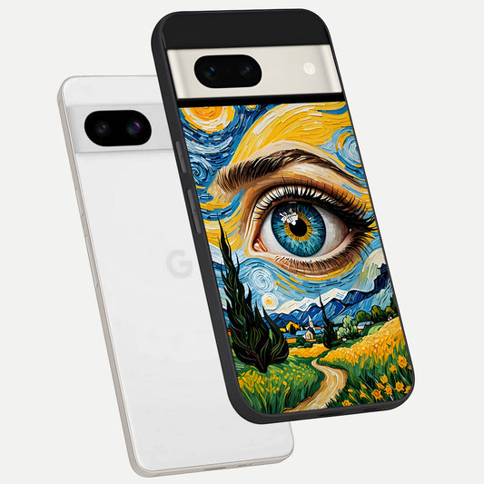  Van Gogh Eye phone case For Google Pixel 7A showing premium glass back cover with detailed artwork