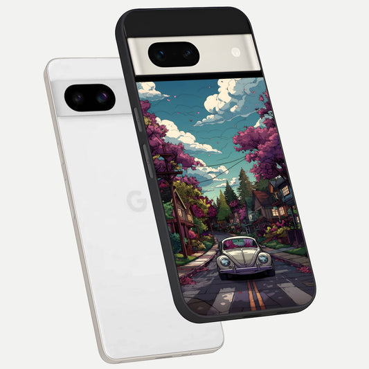  Vintage Street Drive phone case For Google Pixel 7A showing premium glass back cover with detailed artwork
