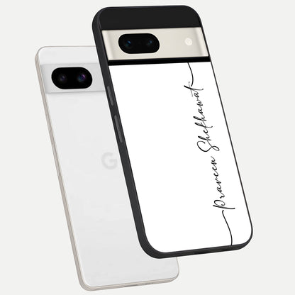  White Tune Custom Name phone case For Google Pixel 7A showing premium custom name glass back cover