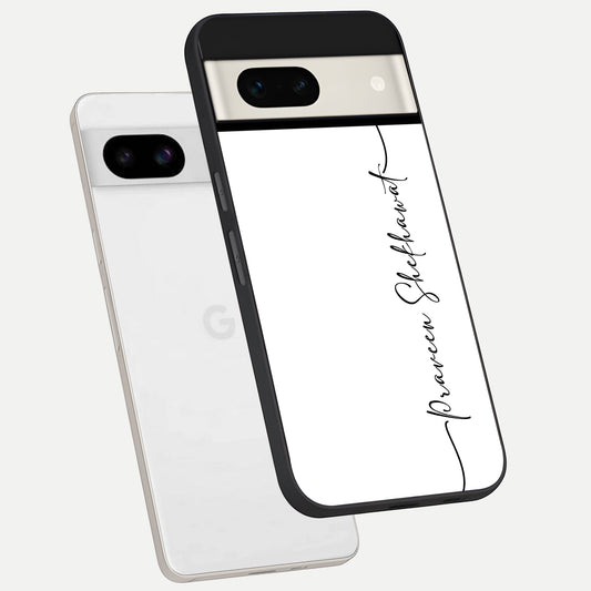  White Tune Custom Name phone case For Google Pixel 7A showing premium custom name glass back cover