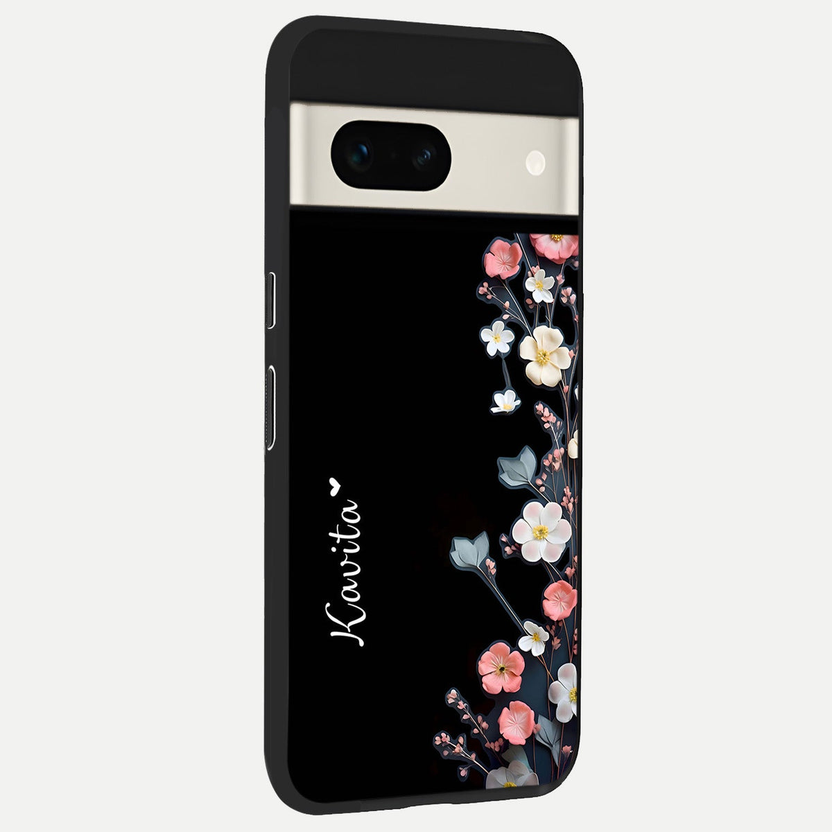  Black Elegance Floral Custom Name back cover For Google Pixel 7A slim fit glass case with vibrant aesthetic design
