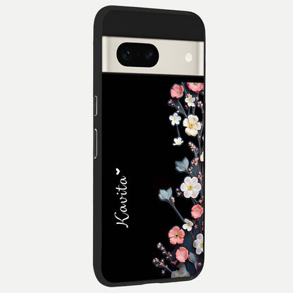  Black Elegance Floral Custom Name back cover For Google Pixel 7A slim fit glass case with vibrant aesthetic design