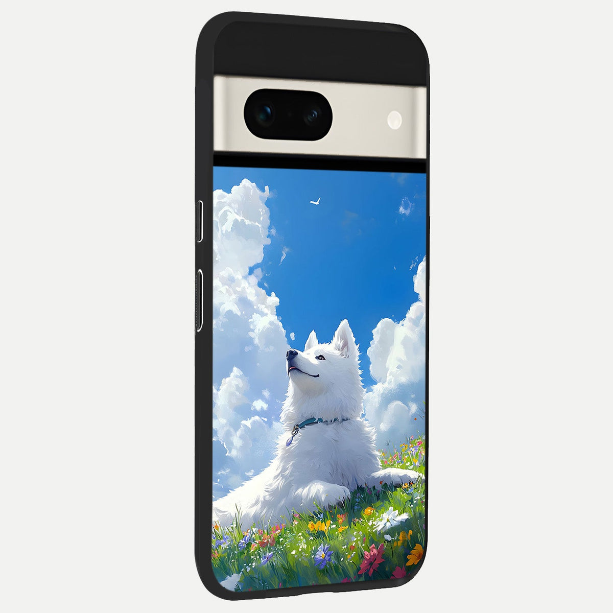  Blissful Cloud Pup back cover For Google Pixel 7A slim fit glass case with vibrant aesthetic design
