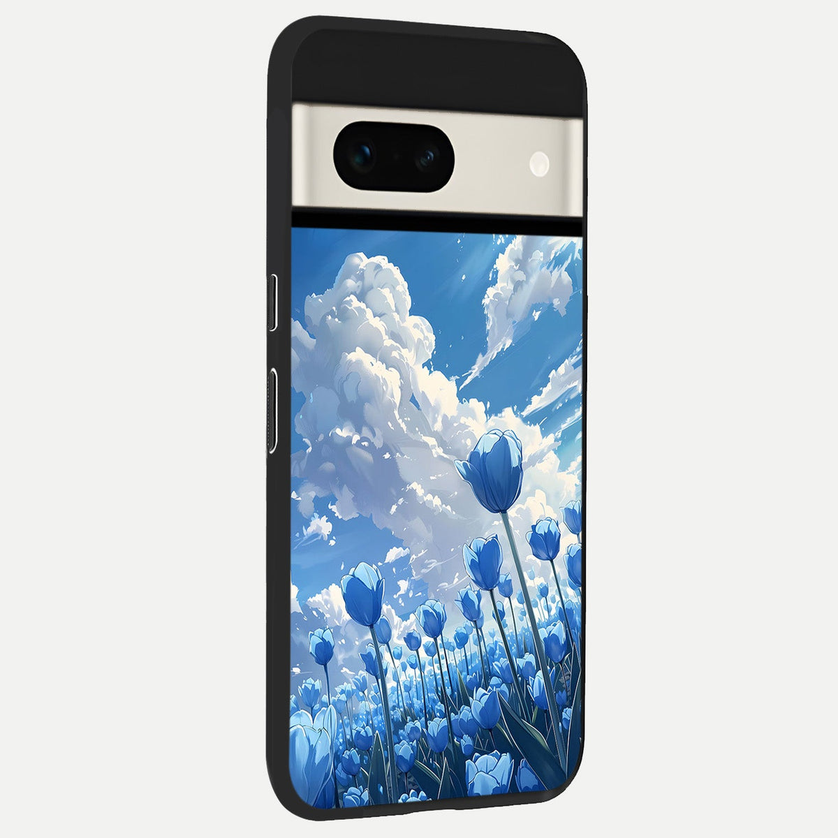 Blue Tulip Clouds back cover For Google Pixel 7A slim fit glass case with vibrant aesthetic design