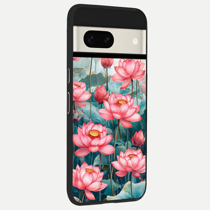  Celestial Pink Lotus back cover For Google Pixel 7A slim fit glass case with vibrant aesthetic design