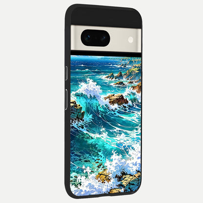  Coastal Blue Waves back cover For Google Pixel 7A slim fit glass case with vibrant aesthetic design