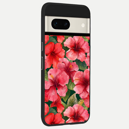  Hibiscus Pattern back cover For Google Pixel 7A slim fit glass case with vibrant aesthetic design