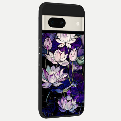  Purple Lotus Pattern back cover For Google Pixel 7A slim fit glass case with vibrant aesthetic design