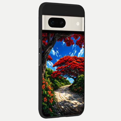  Red Trees Pathway back cover For Google Pixel 7A slim fit glass case with vibrant aesthetic design