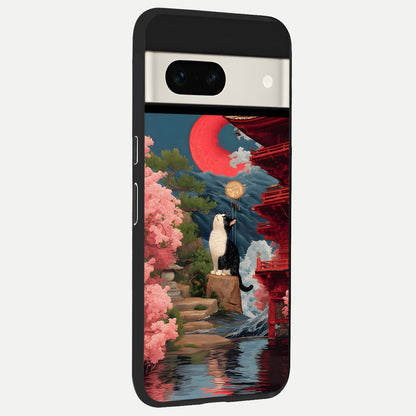  Temple Cat Scenery back cover For Google Pixel 7A slim fit glass case with vibrant aesthetic design