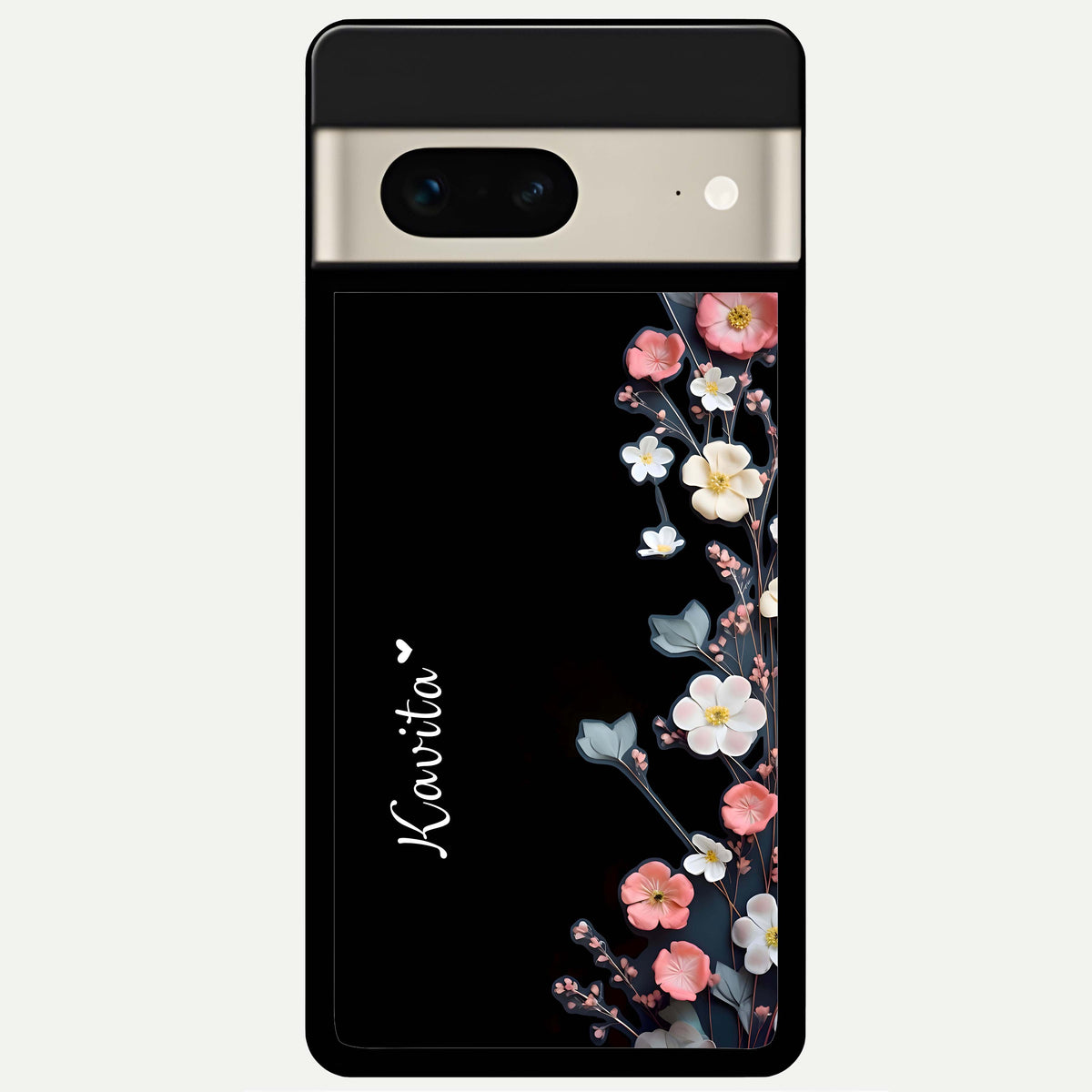  Black Elegance Floral Custom Name Glass Case For Google Pixel 7 back cover – full design glossy printed glass finish