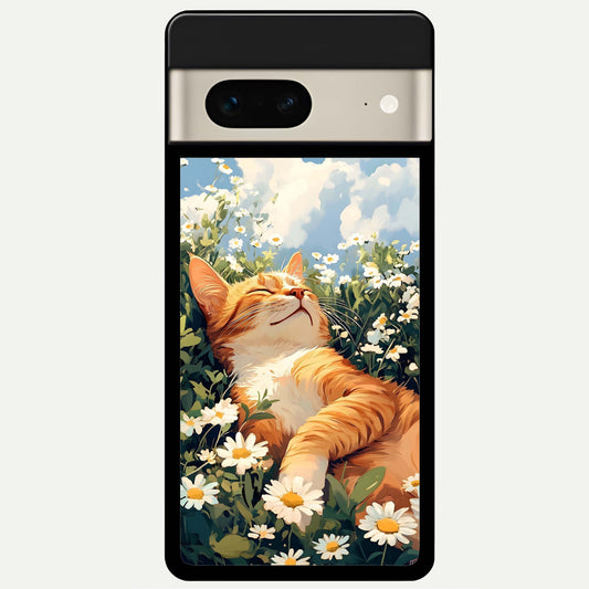  Cat And Flowers View Glass Case For Google Pixel 7 back cover – full design glossy printed glass finish