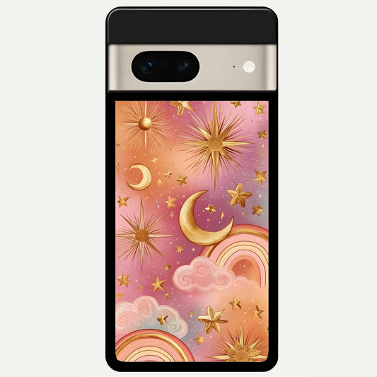  Golden Celestial Dreams Glass Case For Google Pixel 7 back cover – full design glossy printed glass finish
