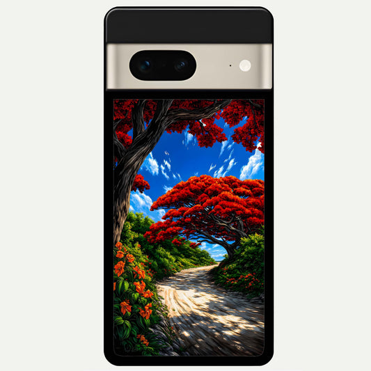  Red Trees Pathway Glass Case For Google Pixel 7 back cover – full design glossy printed glass finish