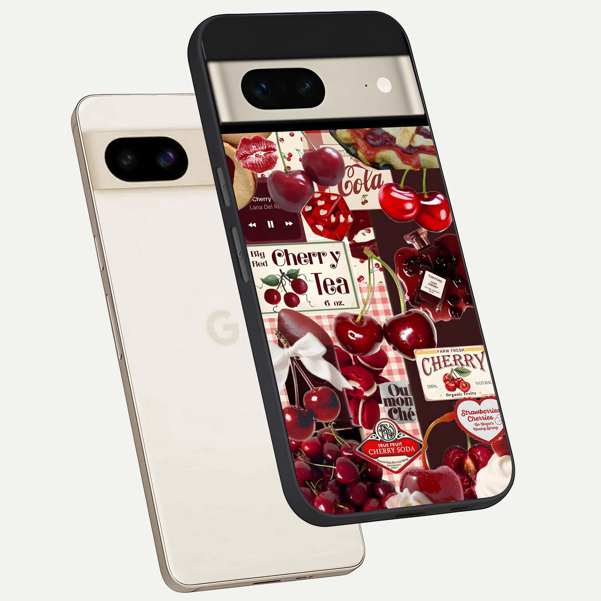  Aesthetic Cherry Tea phone case For Google Pixel 7 showing premium glass back cover with detailed artwork