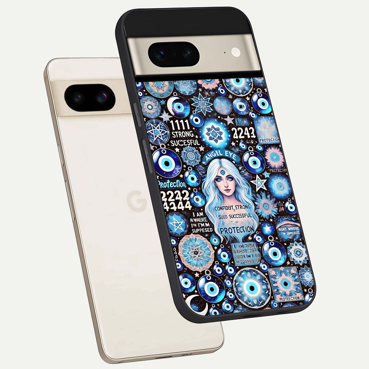  Angel Aura Shield phone case For Google Pixel 7 showing premium glass back cover with detailed artwork