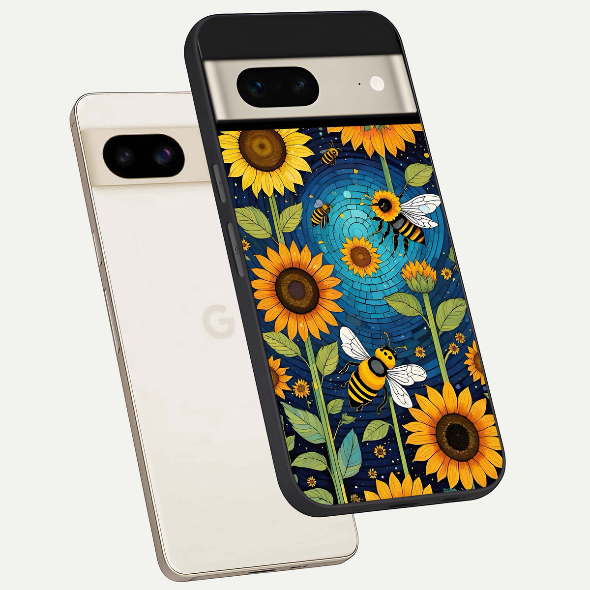  Bees And Sunflowers phone case For Google Pixel 7 showing premium glass back cover with detailed artwork