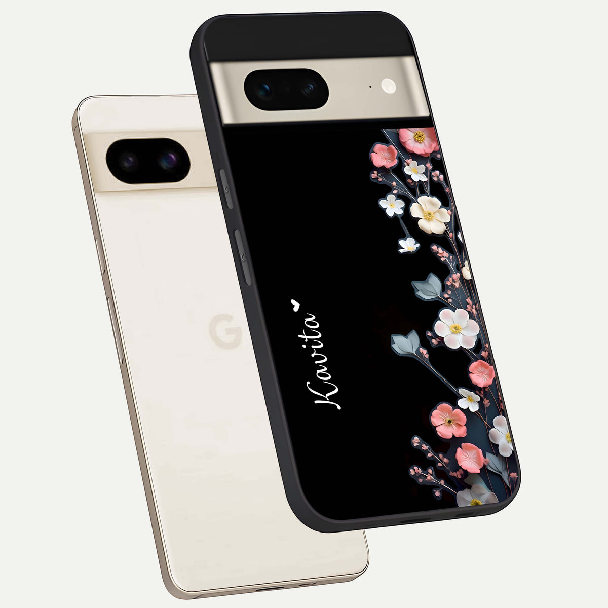  Black Elegance Floral Custom Name phone case For Google Pixel 7 showing premium glass back cover with detailed artwork