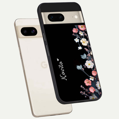  Black Elegance Floral Custom Name phone case For Google Pixel 7 showing premium glass back cover with detailed artwork