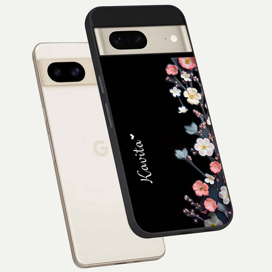  Black Elegance Floral Custom Name phone case For Google Pixel 7 showing premium glass back cover with detailed artwork