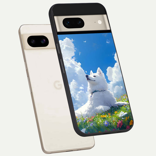  Blissful Cloud Pup phone case For Google Pixel 7 showing premium glass back cover with detailed artwork
