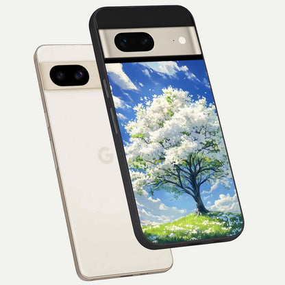  Blossom Sky Serenity phone case For Google Pixel 7 showing premium glass back cover with detailed artwork
