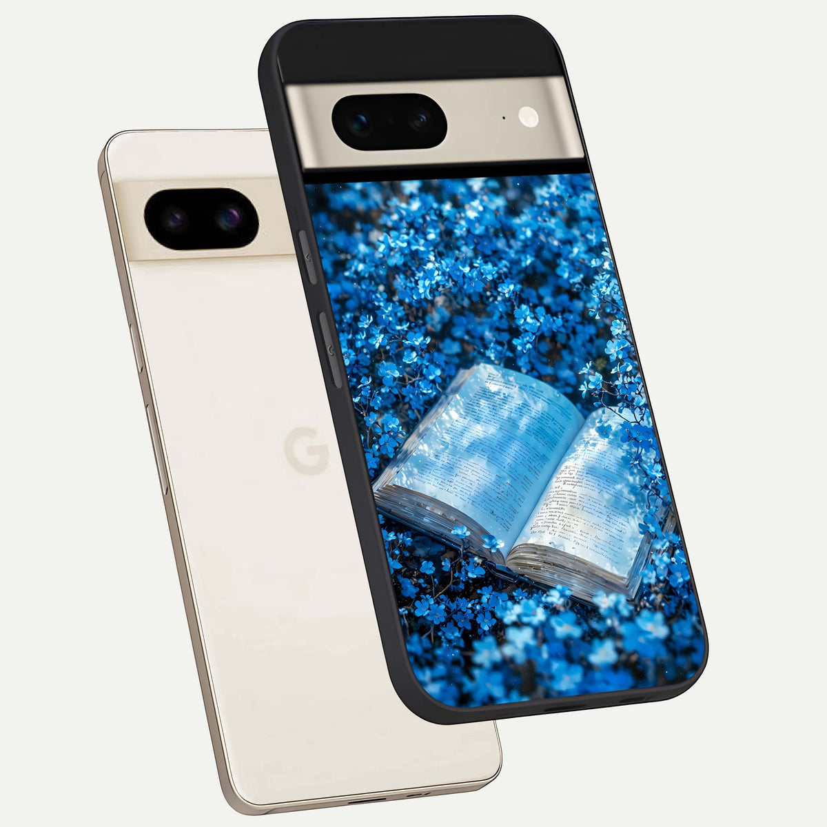 Blue Bloom Tales phone case For Google Pixel 7 showing premium glass back cover with detailed artwork