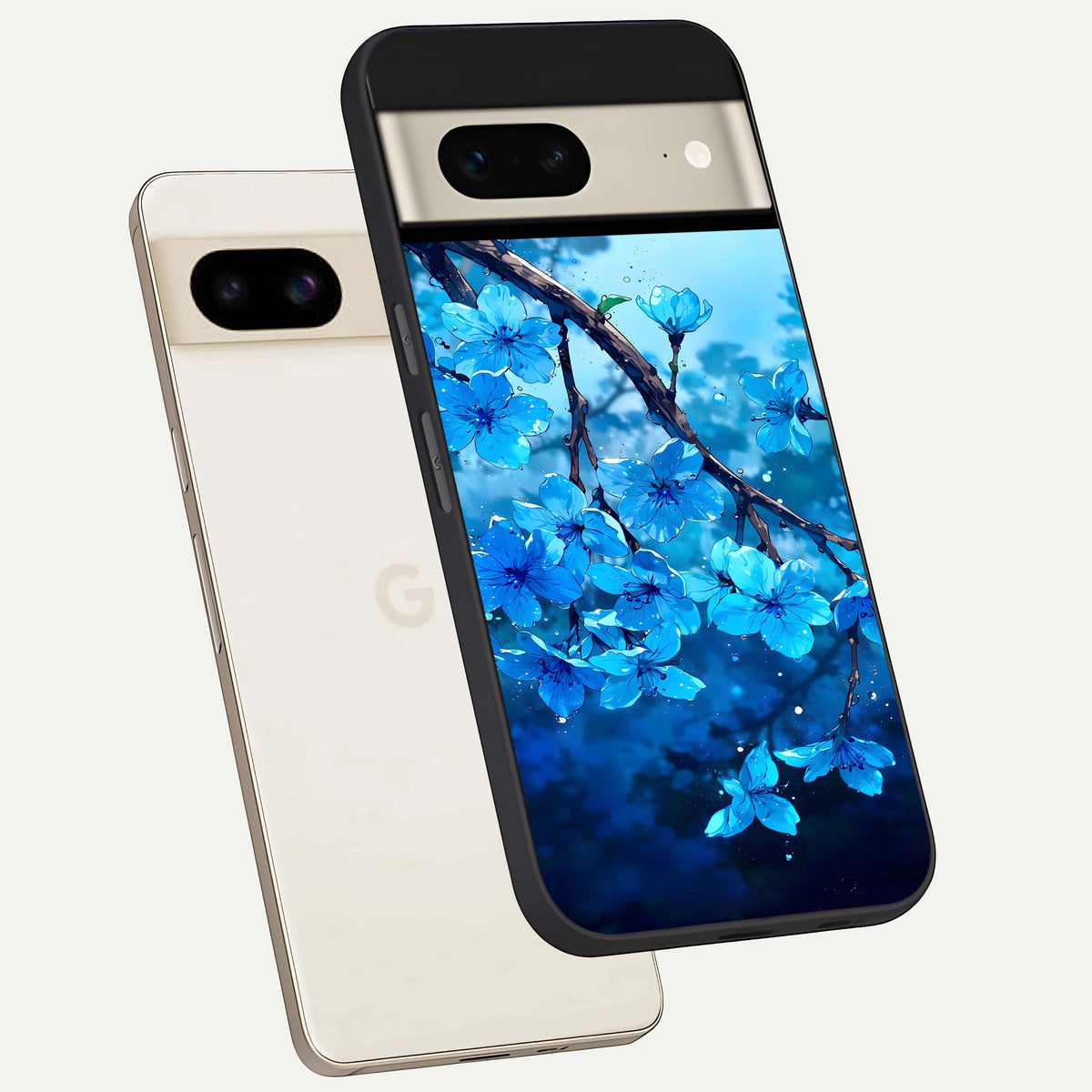  Blue Blossoms Branch phone case For Google Pixel 7 showing premium glass back cover with detailed artwork
