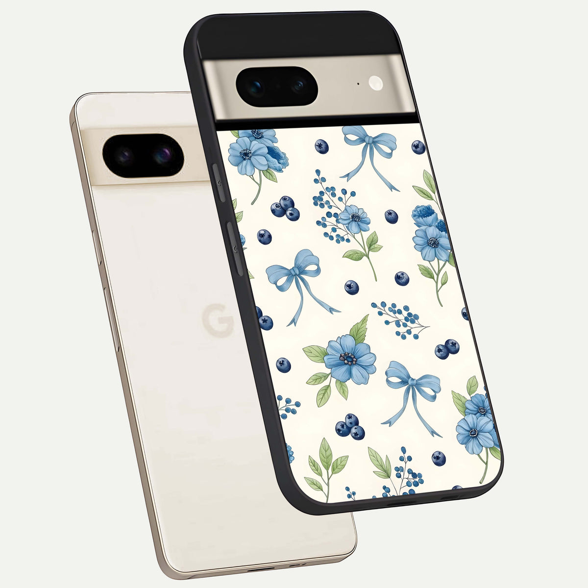  Blue Flower And Bow phone case For Google Pixel 7 showing premium glass back cover with detailed artwork