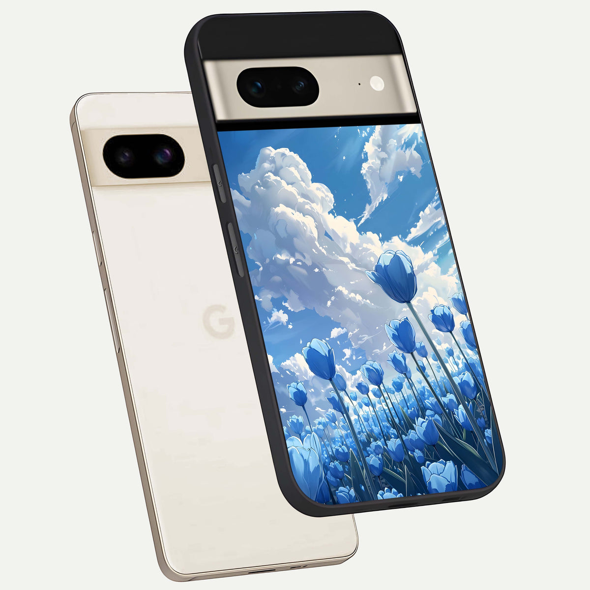  Blue Tulip Clouds phone case For Google Pixel 7 showing premium glass back cover with detailed artwork