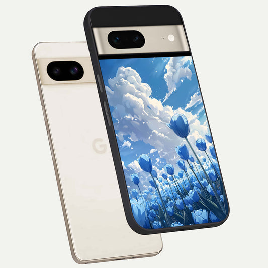  Blue Tulip Clouds phone case For Google Pixel 7 showing premium glass back cover with detailed artwork