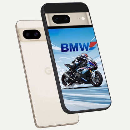  BMW Power Drift phone case For Google Pixel 7 showing premium glass back cover with detailed artwork