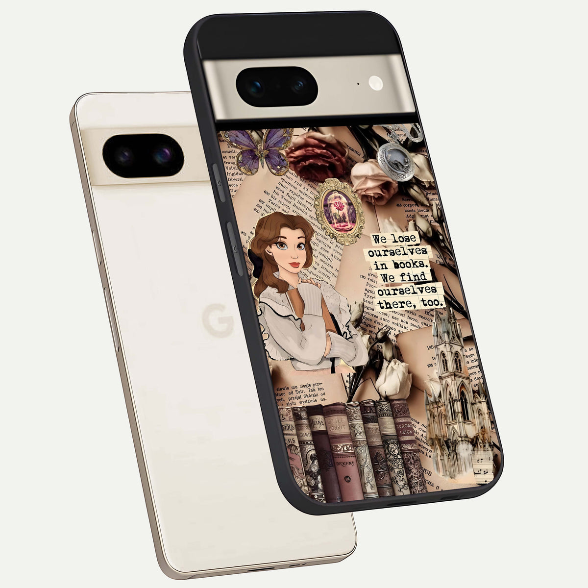  Bookish Dream World phone case For Google Pixel 7 showing premium glass back cover with detailed artwork