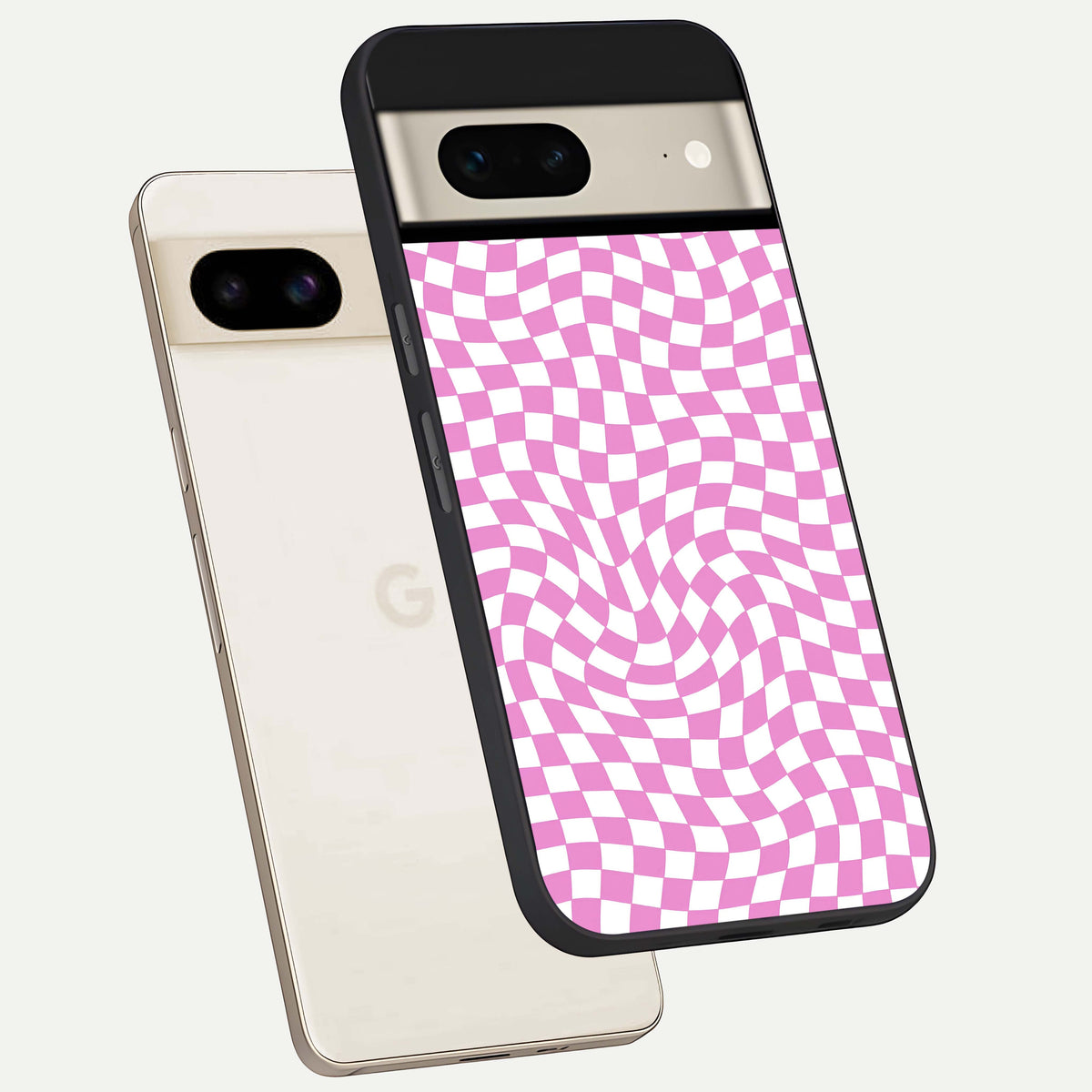  Bubblegum Check Wave phone case For Google Pixel 7 showing premium glass back cover with detailed artwork