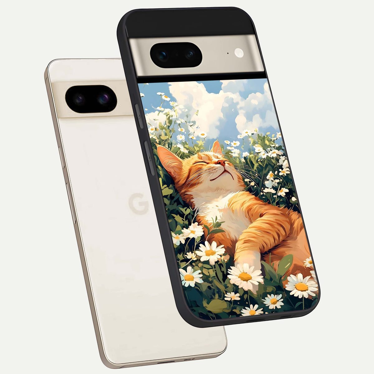  Cat And Flowers View phone case For Google Pixel 7 showing premium glass back cover with detailed artwork