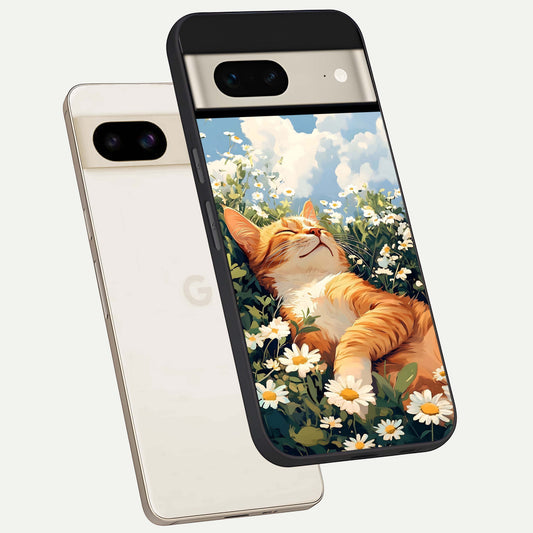  Cat And Flowers View phone case For Google Pixel 7 showing premium glass back cover with detailed artwork
