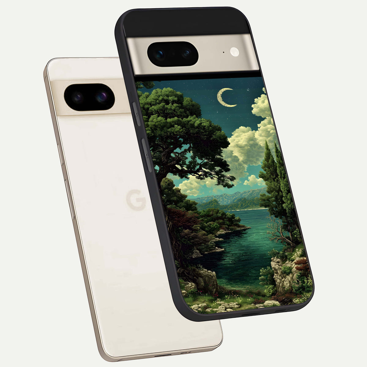  Celestial Lake Peace phone case For Google Pixel 7 showing premium glass back cover with detailed artwork