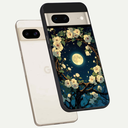  Celestial Moon And Flower phone case For Google Pixel 7 showing premium glass back cover with detailed artwork