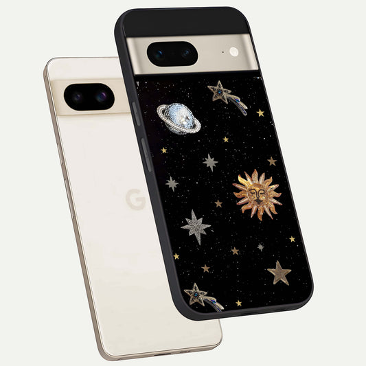  Celestial Moon With Stars phone case For Google Pixel 7 showing premium glass back cover with detailed artwork