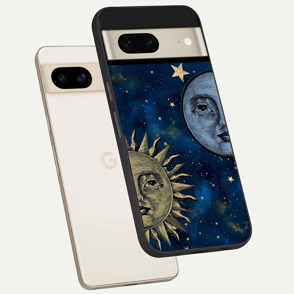  Celestial Moon With Sun phone case For Google Pixel 7 showing premium glass back cover with detailed artwork