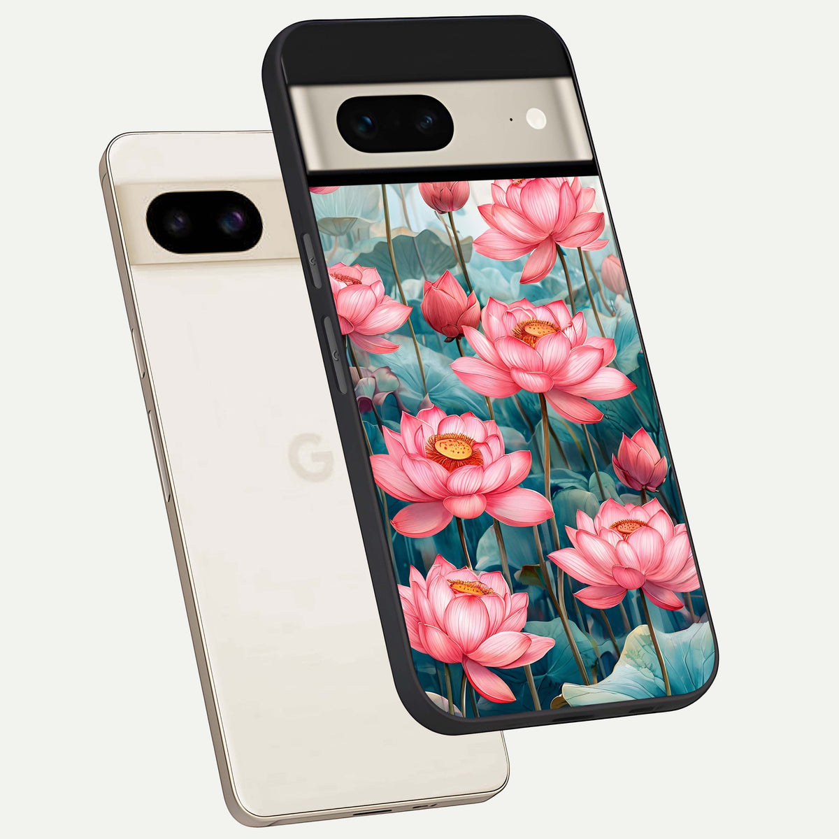  Celestial Pink Lotus phone case For Google Pixel 7 showing premium glass back cover with detailed artwork