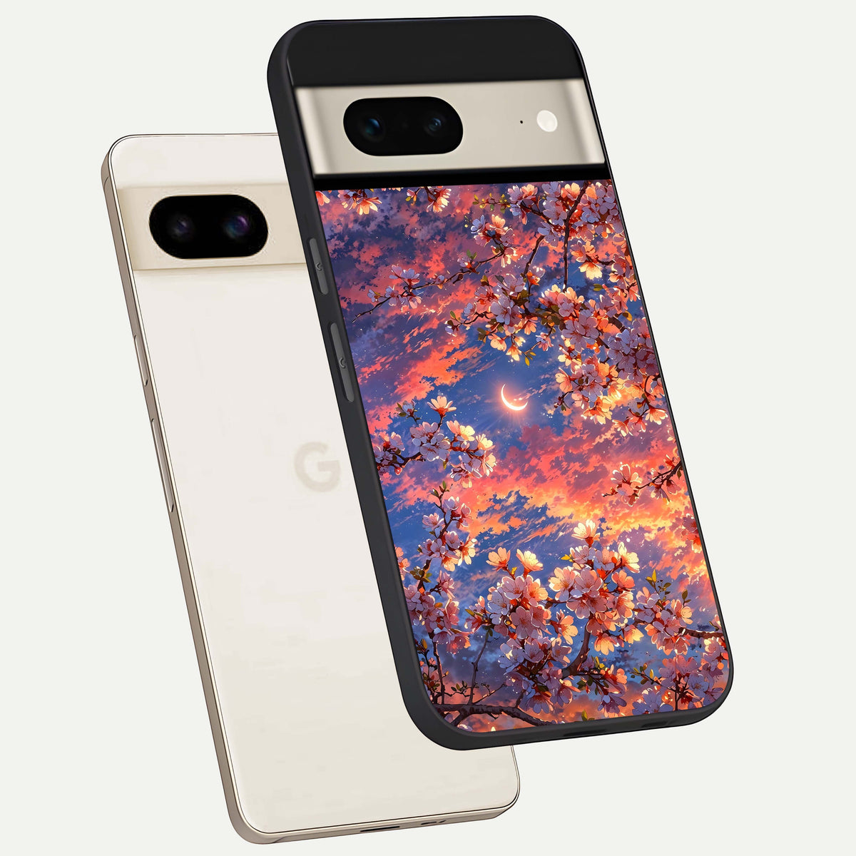  Celestial Sakura Sunset phone case For Google Pixel 7 showing premium glass back cover with detailed artwork